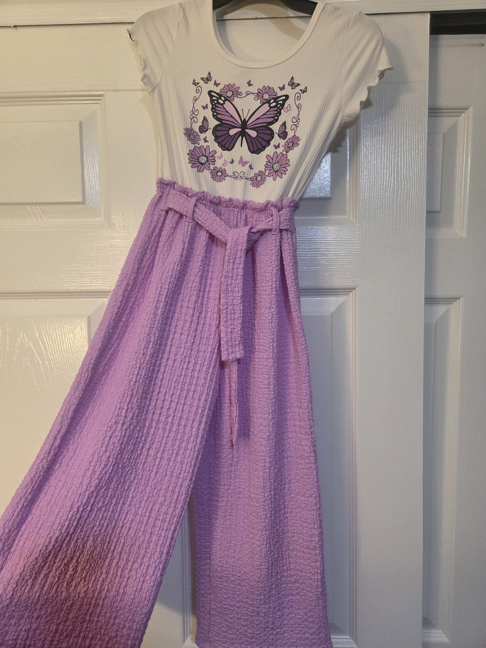Little Girl Size 7 Spring Romper - White Butterfly Top & Lavender Wide-Leg Pants